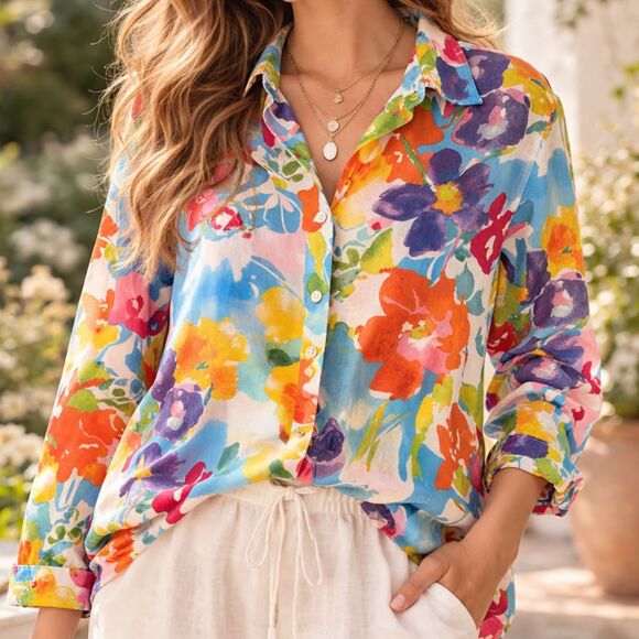 Lauren Ralph Lauren Tops - Lauren Ralph Lauren Floral Button Up Shirt 16 Cotton Sheer Spring Bloom